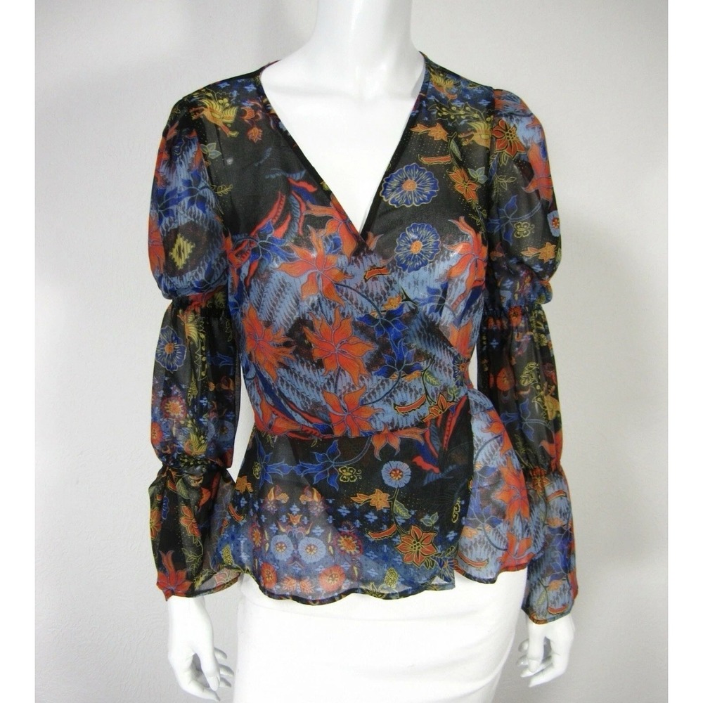 BCBGeneration Sz M Red Blue Floral Wrap Top Bubble Sleeve Boho Fairy Hippie Fest